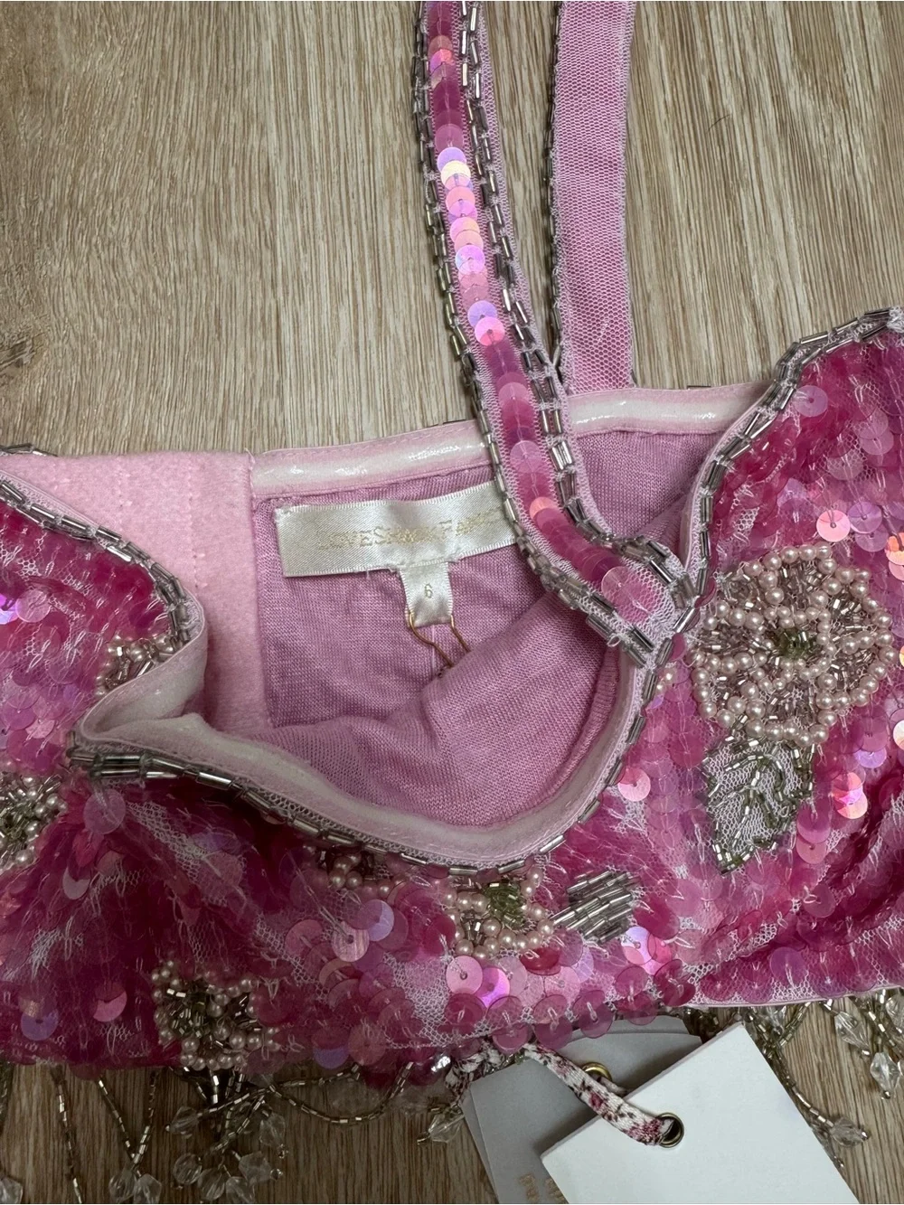 LoveShackFancy Pink Sequin Beaded Fringe Bralette
